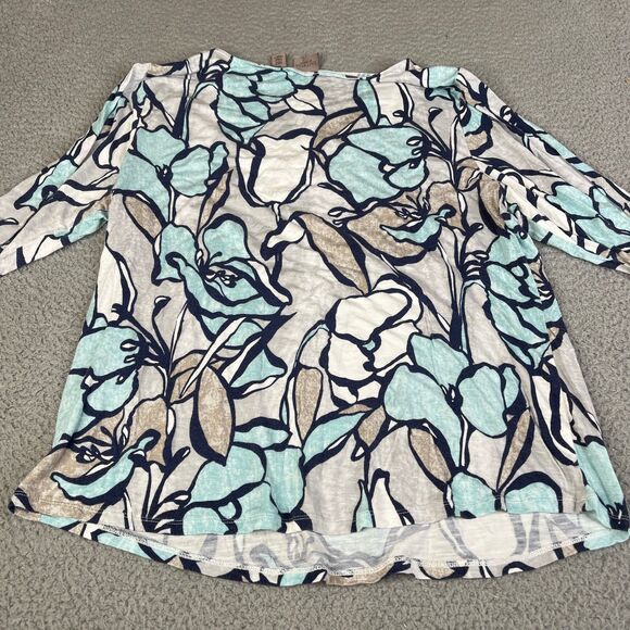 Chicos EasyWear Blouse Womens XL 3 Blue Gray Floral 3/4 Sleeve Knit Top Stretch - Picture 4 of 9